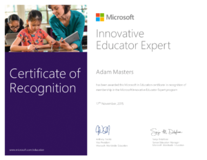 Awarded Microsoft Innovative Educator Expert in 2015 Issued by Microsoft in Education on November 2017.